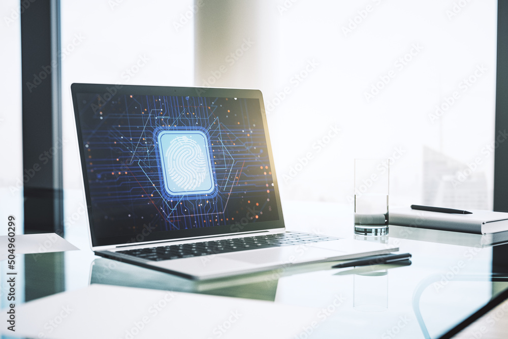 Poster abstract creative fingerprint illustration on modern laptop monitor, digital access concept. 3d rend