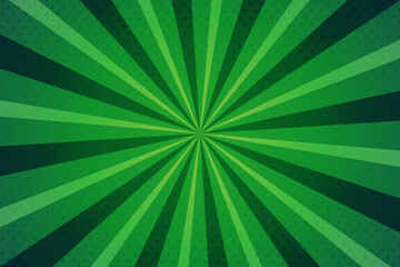 Comic halftone burst background green color with rays, vector illustration