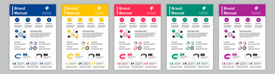 DIN A3 business brand manual templates set. Company identity brochure page with infographic with charts, graphs, diagrams. Banner for advertisement. Vector layout design for poster, cover, brochure