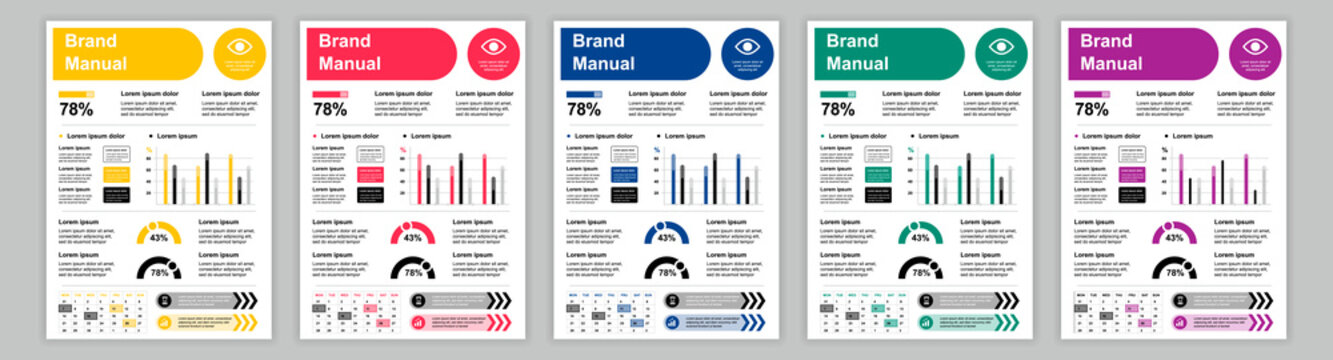 DIN A3 business brand manual templates set. Company identity brochure page with infographic with different sales performance. Advertisement, promotion. Vector layout design for poster, cover, brochure