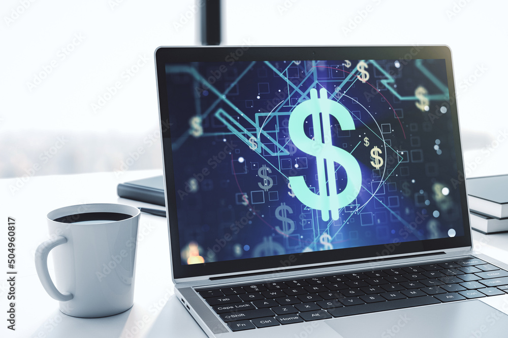 Poster modern computer monitor with creative usd symbols hologram. banking and investing concept. 3d render