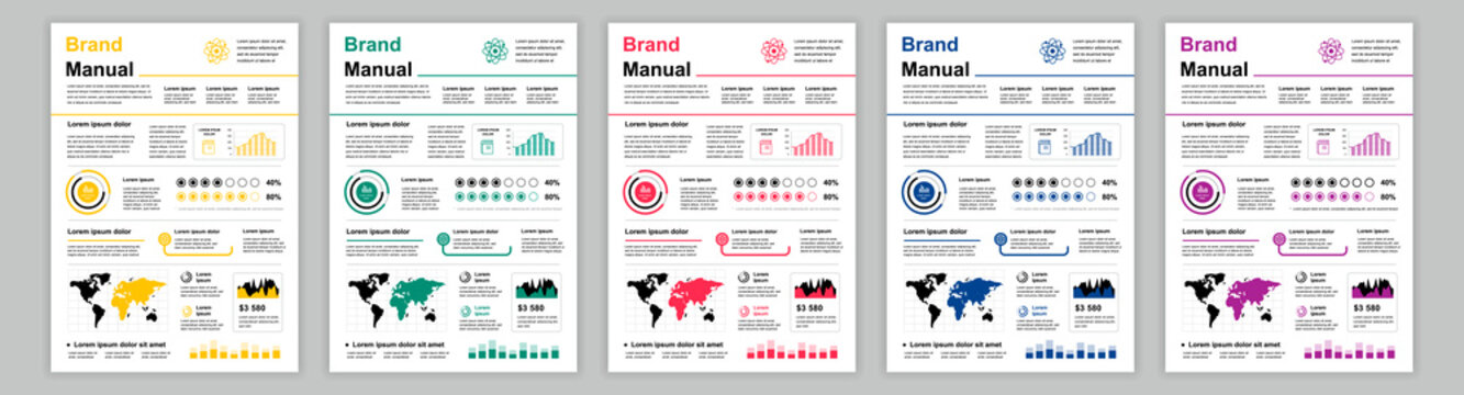DIN A3 business brand manual templates set. Company identity brochure page with science infographic. Data analysis, international scientific research. Vector layout design for poster, cover, brochure