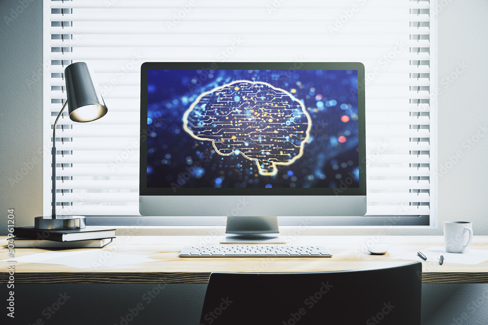Poster modern computer monitor with creative artificial intelligence symbol. neural networks and machine le