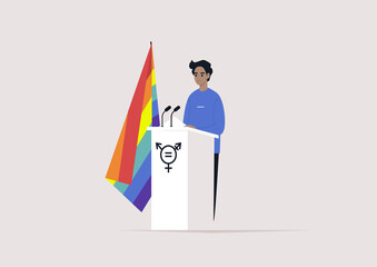 A male Caucasian character standing behind the pulpit with a rainbow LGBT flag, human rights, gender equality, political process - obrazy, fototapety, plakaty
