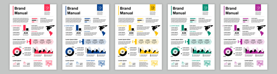 DIN A3 business brand manual templates set. Company identity brochure page. Newsletter banner with global targets, marketing and communication. Vector layout design for poster, cover, brochure