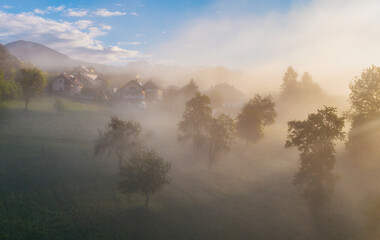 Farmland and countryside in the morning fog