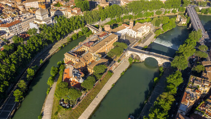 Aerial view of Tiber Island, the only river island in the part of the Tiber which runs through...