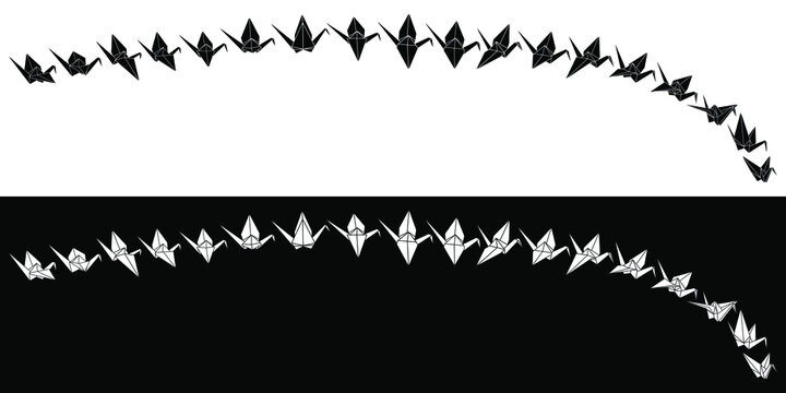 Set of flying trace of origami crane vector silhouette illustration icon isolated on white and black background. Japanese traditional origami crane for infographic, website or app.