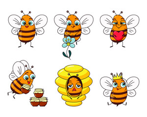 vector cartoon character bee in different poses and with different objects