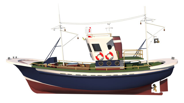 Fishing Boat 1- Lateral view white background 3D Rendering Ilustracion 3D	