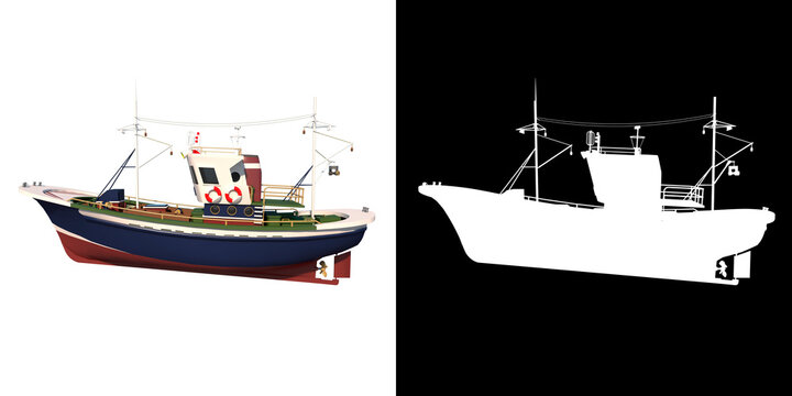 Fishing Boat 1- Lateral view white background alpha png 3D Rendering Ilustracion 3D	