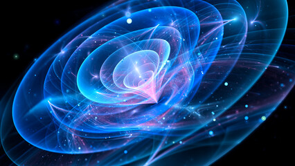 Blue glowing quantum waves in space abstract background