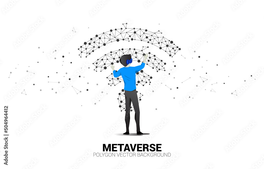 Poster silhouette businessman wear vr glasses with dot connect line circuit board style mobile data icon. c