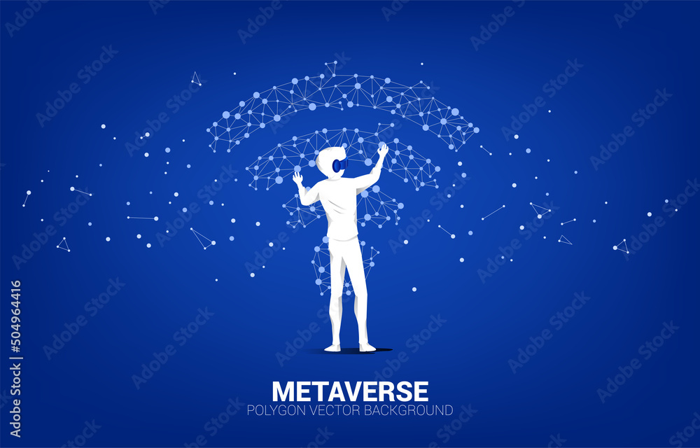 Poster silhouette businessman wear vr glasses with dot connect line circuit board style mobile data icon. c