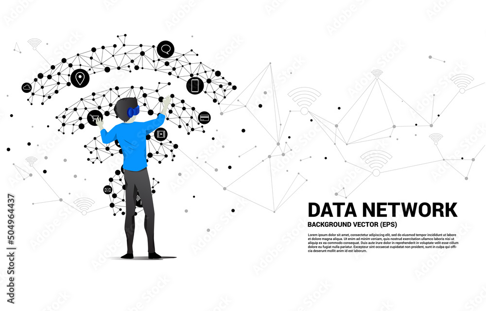 Poster silhouette businessman wear vr glasses with dot connect line circuit board style mobile data icon. c