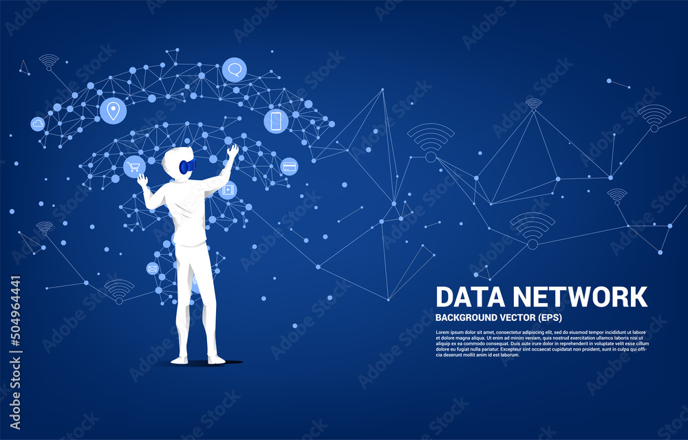 Poster silhouette businessman wear vr glasses with dot connect line polygon mobile data icon. concept of di