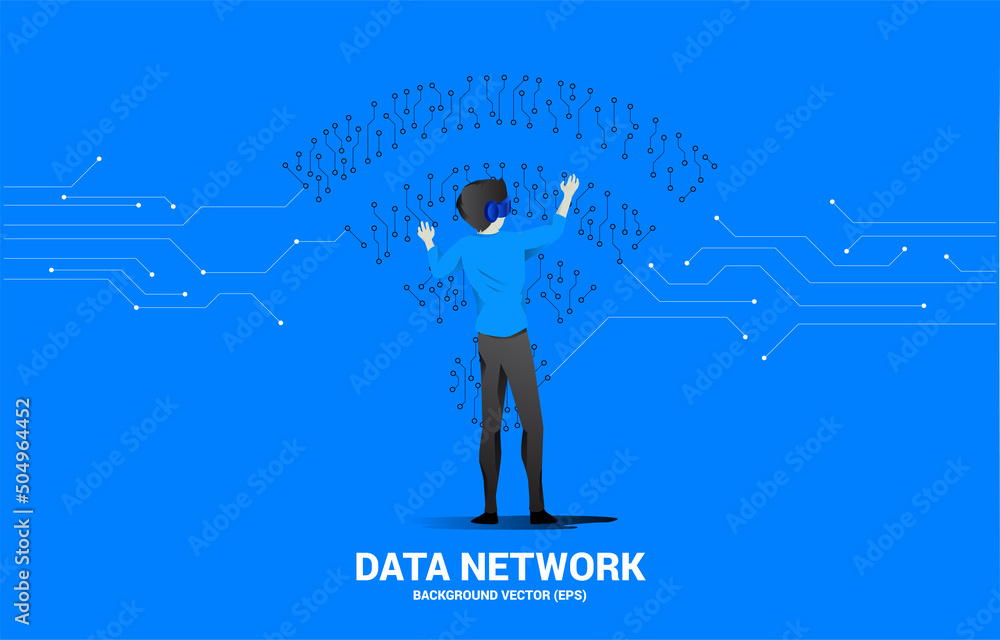 Poster Silhouette businessman wear VR glasses with dot connect line circuit board style mobile data icon. Concept for data transfer of mobile and wi-fi data network.