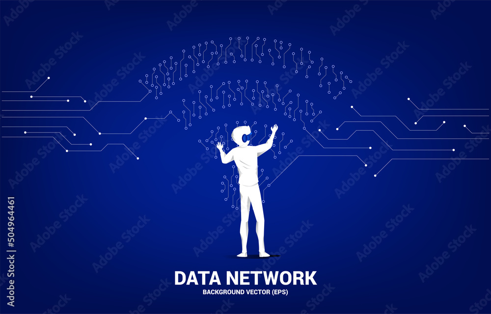 Poster Silhouette businessman wear VR glasses with dot connect line circuit board style mobile data icon. Concept for data transfer of mobile and wi-fi data network.