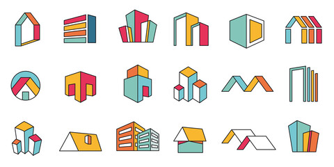 Set of colorful logos for real estate. Houses and buildings icons. Illustration with editable line. Vector