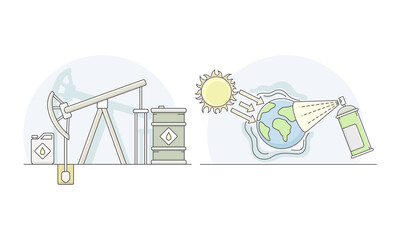 Ecological disasters set. Oil production and climate change lined vector illustration