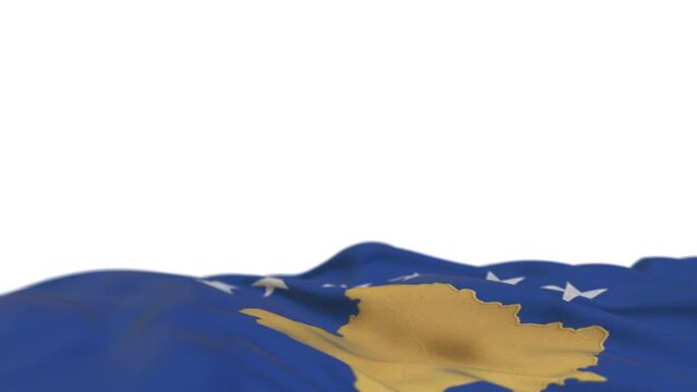 Kosovo fabric flag waving on the wind loop. Kosovsky embroidery stiched cloth banner swaying on the breeze. Half-filled white background. Place for text. 20 seconds loop. 4k