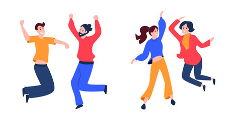 Vector Men and Women Teams Winning Celebration, Happy People Flat Style Isolated on White Background Couples.