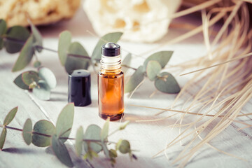 Natural handmade cosmetics - bottle with essential oil stick with eucalyptus branch