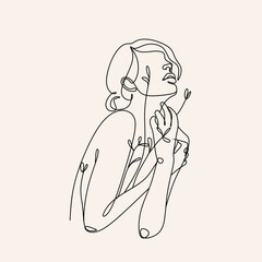 Woman Line Art Minimalist Logo. Nature Organic Cosmetics Makeup. Flower head Feminine Illustration line drawing. Woman face with flowers line