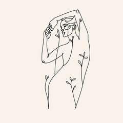 Woman Line Art Minimalist Logo. Nature Organic Cosmetics Makeup. Flower head Feminine Illustration line drawing. Woman face with flowers line