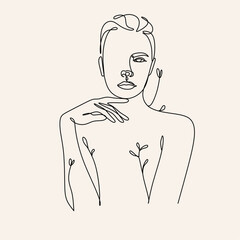 Woman Line Art Minimalist Logo. Nature Organic Cosmetics Makeup. Flower head Feminine Illustration line drawing. Woman face with flowers line