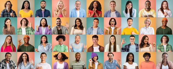 Headshot of happy, excited, calm, shocked different people make gestures with hands, isolated on colorful background