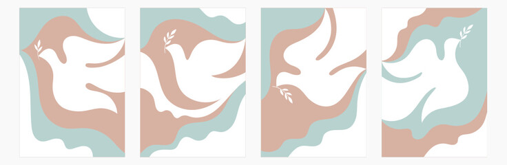 White birds, dove of peace and abstract shapes. Set of banners, poster	