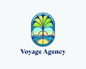 Stained glass travel concept, tropical beach vacation logotype