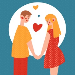Raster illustration with the image of a couple in love on a date. A guy and a girl in love hold hands. Spring summer picture about love in a simple style. Red, yellow, blue.