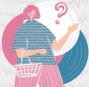 Raster illustration with the image of a big girl with a shopping basket and a question. Pink, white, blue. For collage, website, design, magazines.