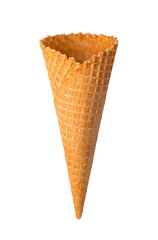 An empty waffle ice cream cone is isolated on a white background. Side view, vertical.