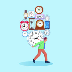 Businessman carrying group of modern and vintage clocks on his back vector illustration.