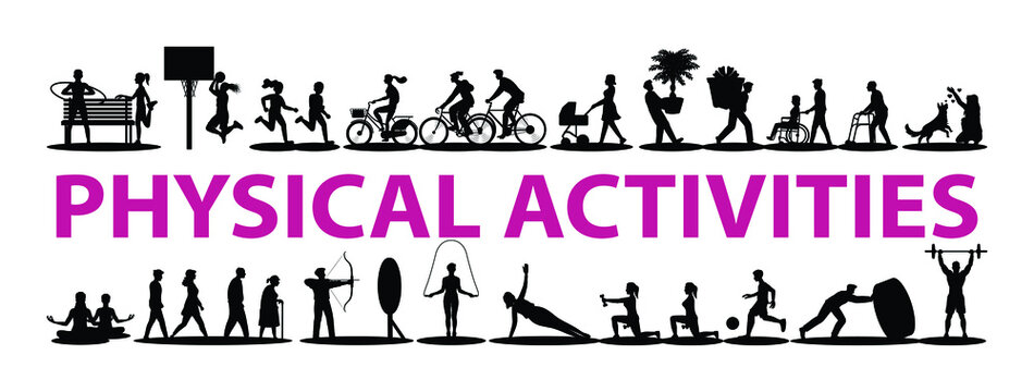 Physical activities silhouettes exercise indoor and outdoor set vector illustration.