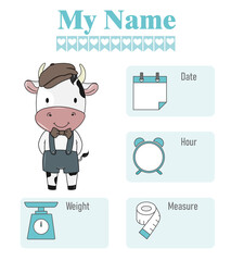 Cute cow. Baby birth print. Baby data template at birth. Weight, measurement, time and day of birth