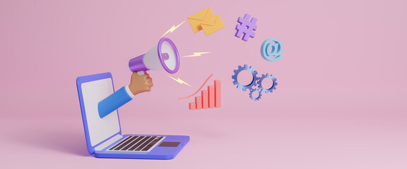Laptop computer with hand holding megaphone, business communication with advertising icons and elements, digital marketing, online advertising concept, social media marketing,3d rendering illustration