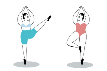 Body poses. Dancing women. Ballet dancers training. Isolated elegant ballerinas posing. Girls standing and doing gymnastic exercises. Female figures. Vector choreographic positions set