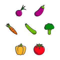 Set of vegetables icons. Healthy food line icons. Onion, eggplant, carrot, zucchini, broccoli, pepper, tomato.
