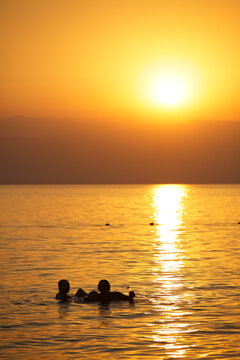 People floating in the dead sea at sunset, Jordan