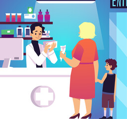 Woman customer buys medicine with prescription in drug or pharmacy store, flat vector illustration.