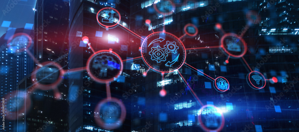 Poster rpa. robotic process automation on modern city abstract background