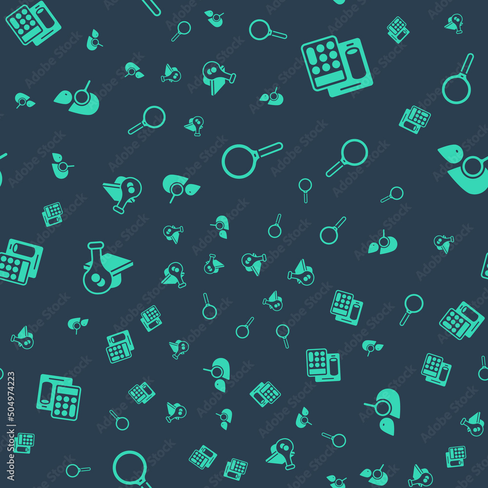 Poster set magnifying glass, calculator, graduation cap and drop and magnifying on seamless pattern. vector