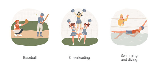 Sports in high school isolated cartoon vector illustration set. Baseball game, high school cheerleading group training, competitive spirit, swimming competition, diving lesson, vector cartoon.
