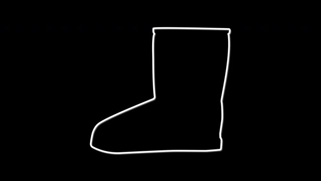 Ugg boots self drawing animation. Comfortable warm footwear, shoes. Line art. Black background.
