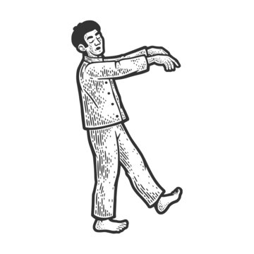 recommend clip art: sleepwalker lunatic somnambulist walks while sleep and dream sketch engraving raster illustration. T-shirt apparel print design. Scratch board imitation. Black and white hand drawn image.