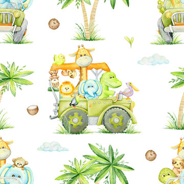 Car, tropical animals, palm tree. Watercolor seamless pattern, cartoon style, on an isolated background.